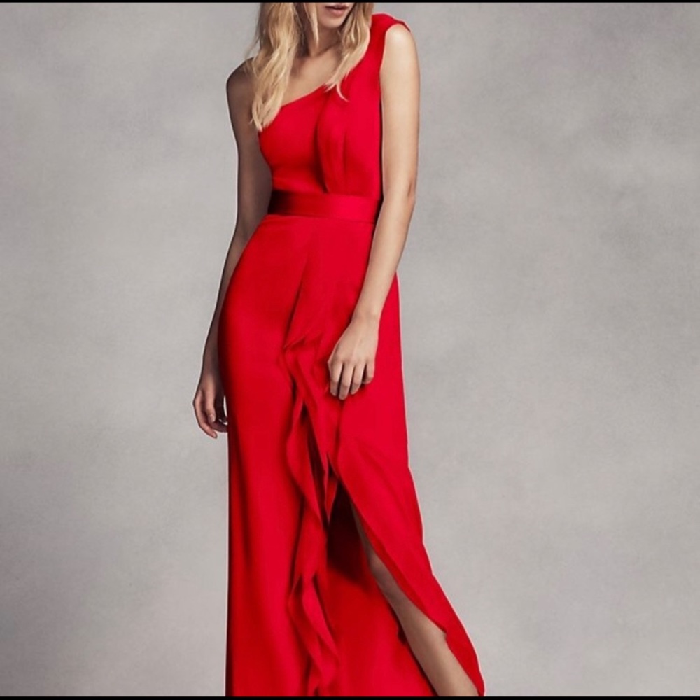 Vera Wang Red One Shoulder Dress with Ruffles